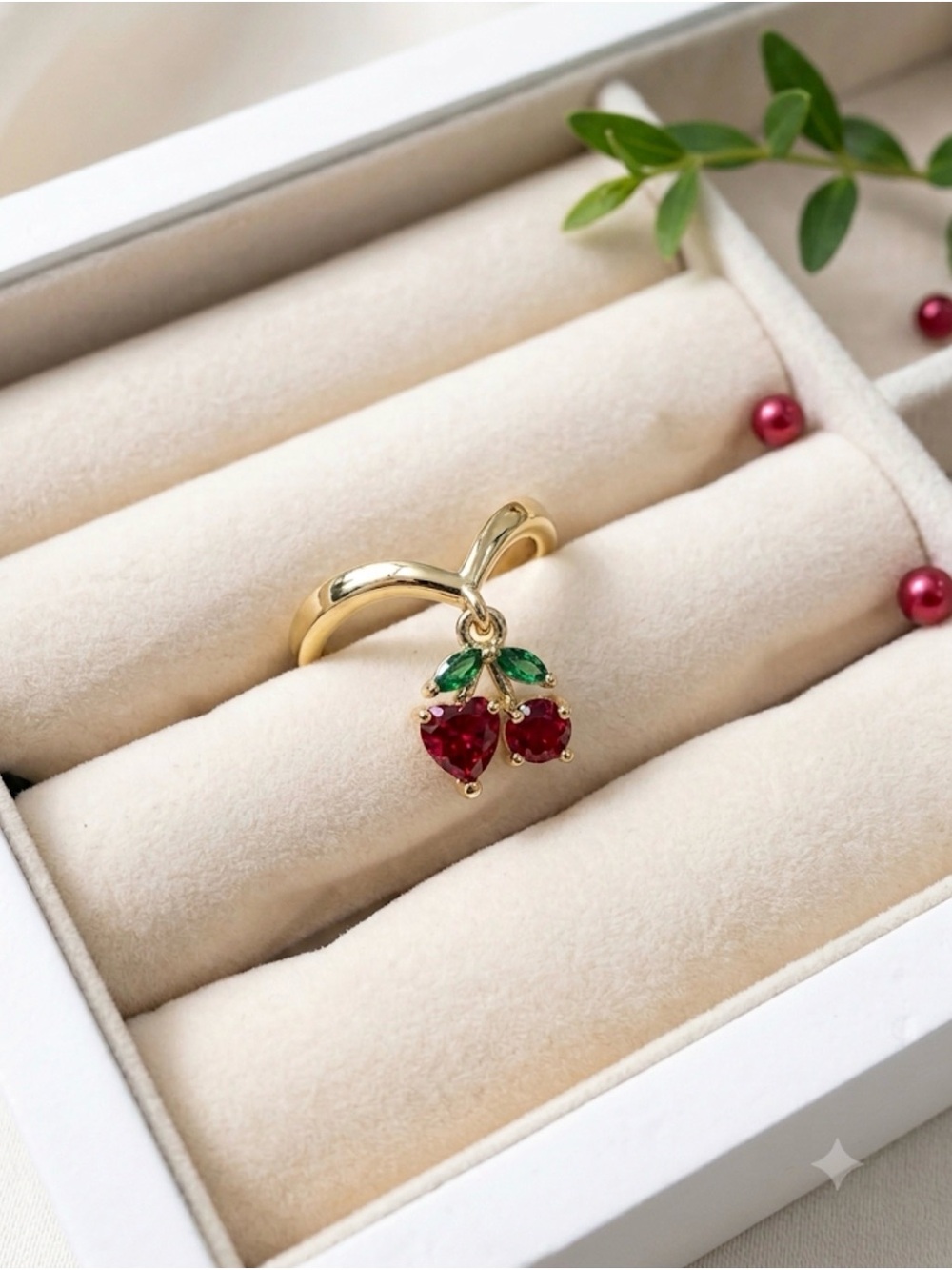 Gold Cherry Charm Ring with Red and Green Stones